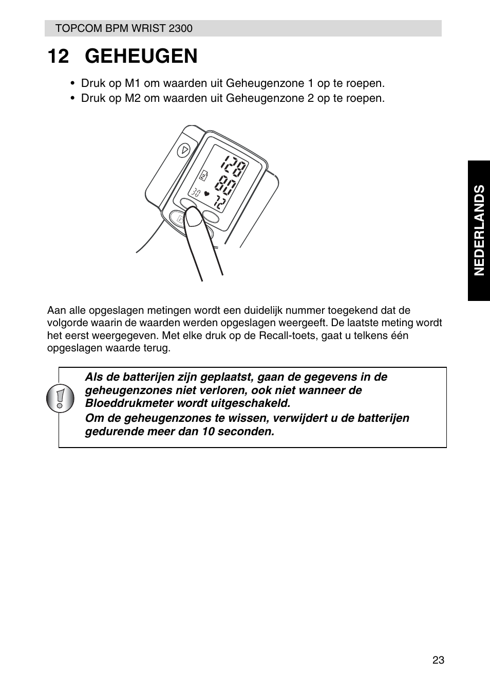 12 geheugen, Nederl ands | Topcom BPM WRIST 2300 User Manual | Page 23 / 92