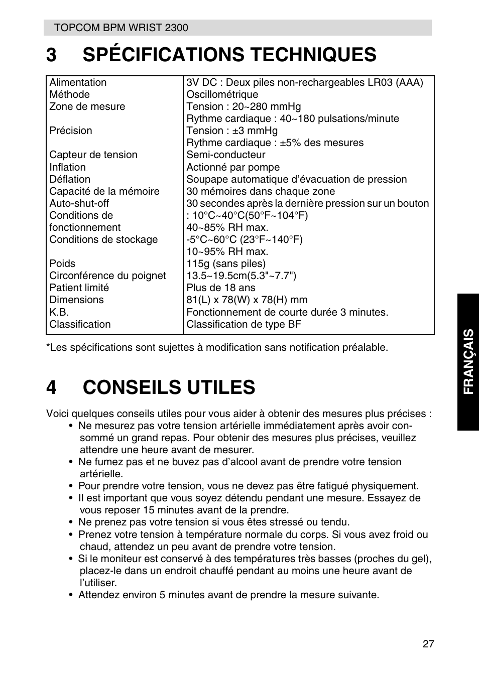 3spécifications techniques, 4conseils utiles | Topcom BPM WRIST 2300 User Manual | Page 27 / 92