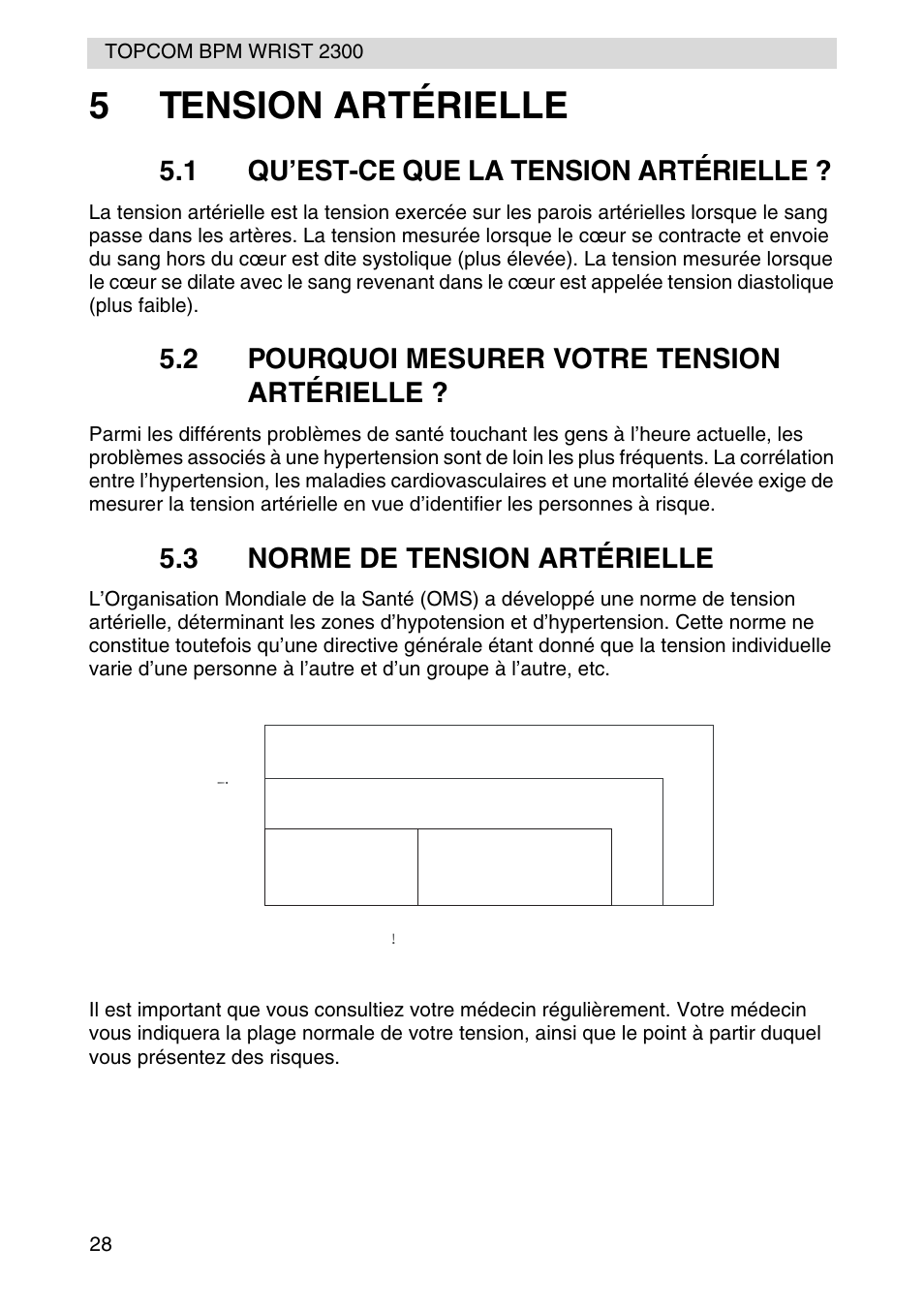 5tension artérielle, 1 qu’est-ce que la tension artérielle, 2 pourquoi mesurer votre tension artérielle | 3 norme de tension artérielle, Hypertension, Borderline, Normal, Hypotension | Topcom BPM WRIST 2300 User Manual | Page 28 / 92