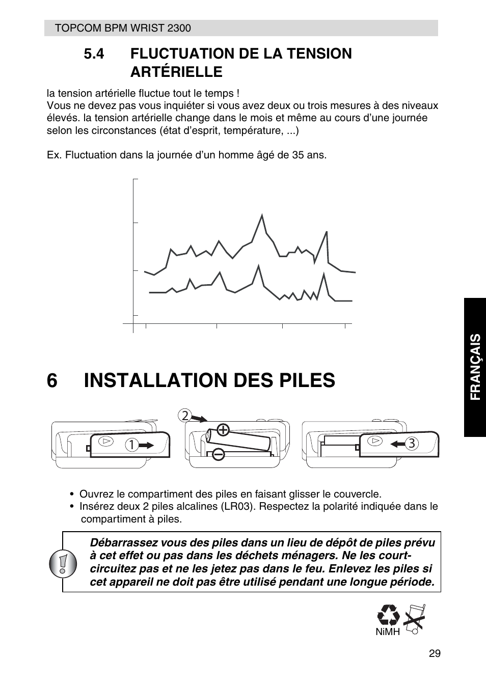 6installation des piles, 4 fluctuation de la tension artérielle, Fra nçais | Topcom BPM WRIST 2300 User Manual | Page 29 / 92