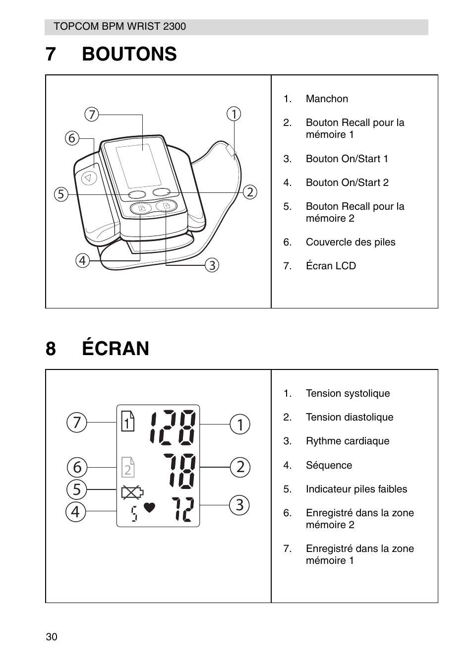 7boutons 8 écran | Topcom BPM WRIST 2300 User Manual | Page 30 / 92