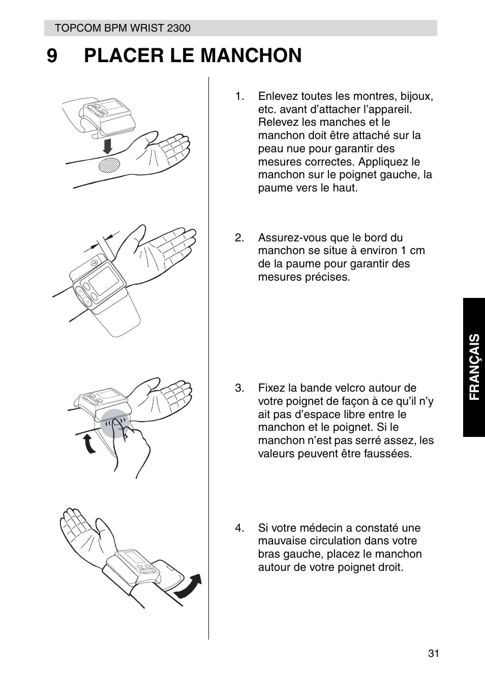 9placer le manchon, Fra nçais | Topcom BPM WRIST 2300 User Manual | Page 31 / 92