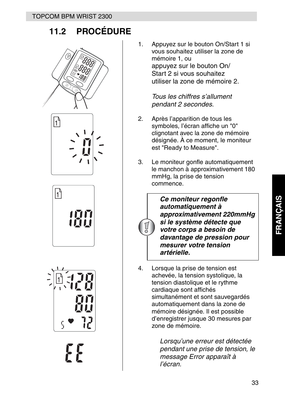 2 procédure, Fra nçais | Topcom BPM WRIST 2300 User Manual | Page 33 / 92