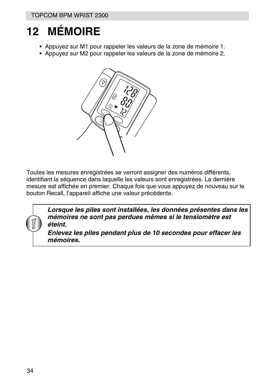 12 mémoire | Topcom BPM WRIST 2300 User Manual | Page 34 / 92