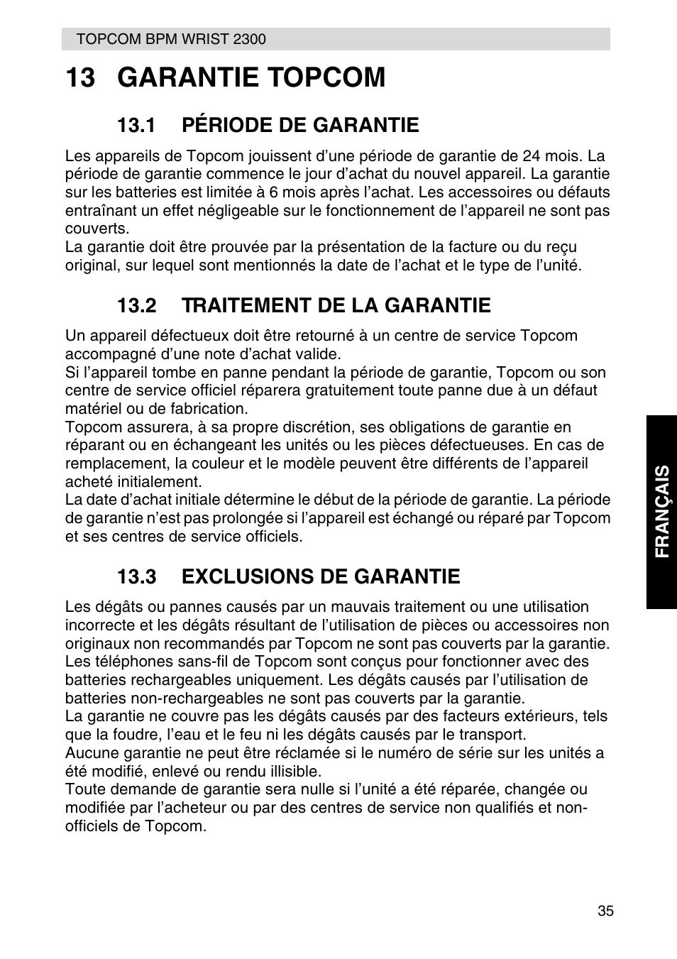 13 garantie topcom | Topcom BPM WRIST 2300 User Manual | Page 35 / 92