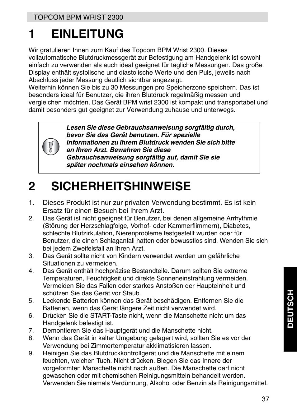 1einleitung, 2sicherheitshinweise | Topcom BPM WRIST 2300 User Manual | Page 37 / 92