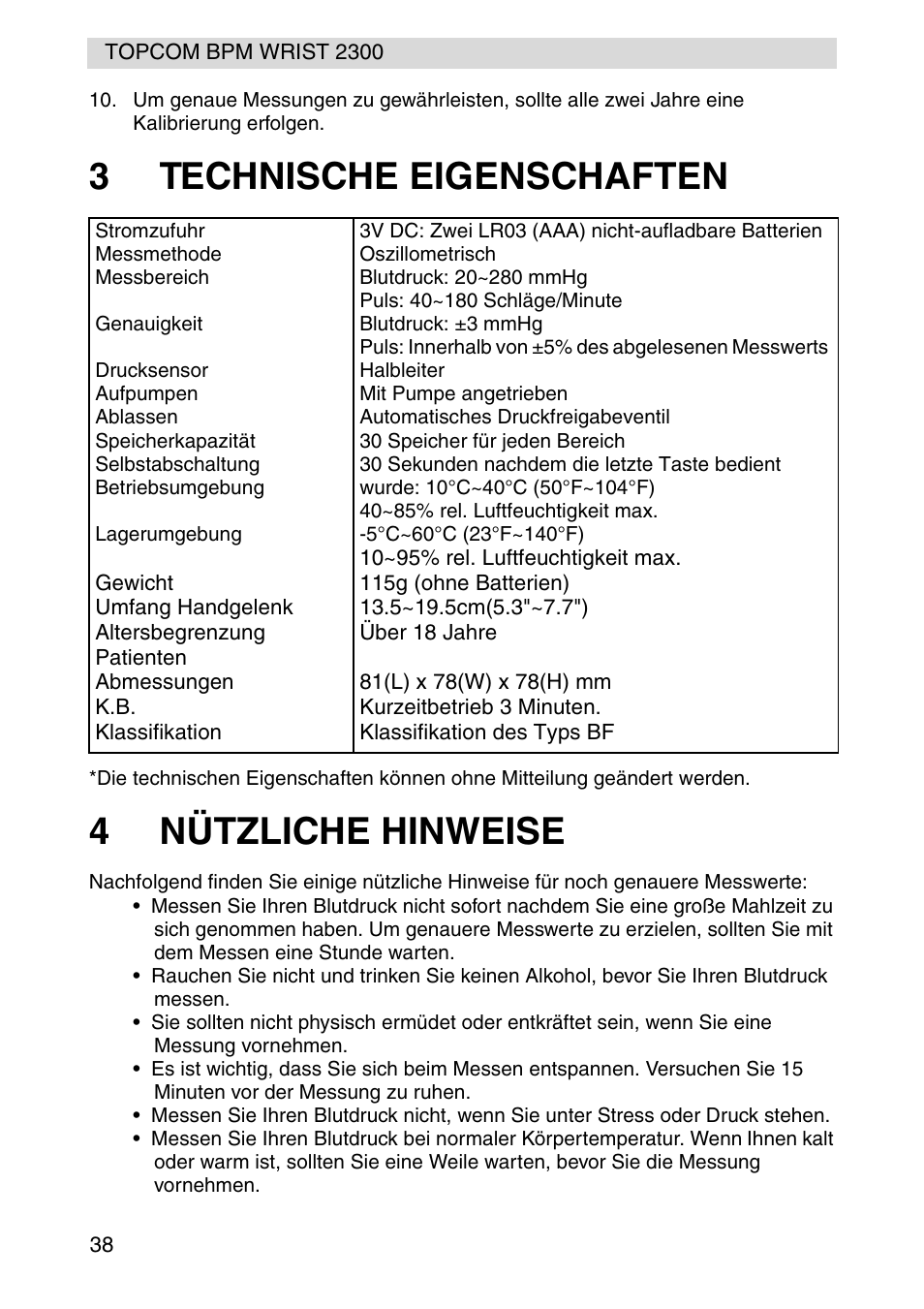 3technische eigenschaften, 4nützliche hinweise | Topcom BPM WRIST 2300 User Manual | Page 38 / 92