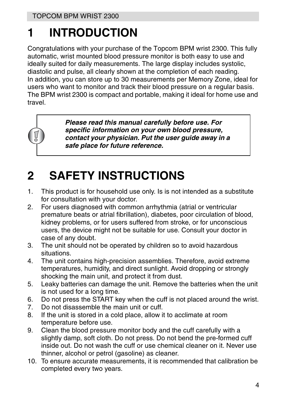 1introduction, 2safety instructions | Topcom BPM WRIST 2300 User Manual | Page 4 / 92