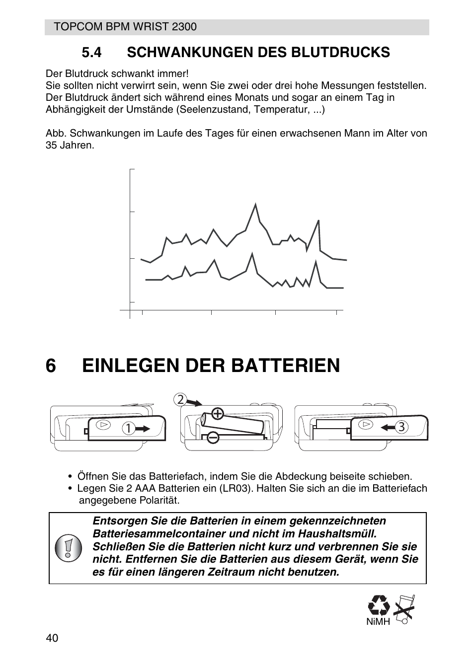 6einlegen der batterien, 4 schwankungen des blutdrucks | Topcom BPM WRIST 2300 User Manual | Page 40 / 92