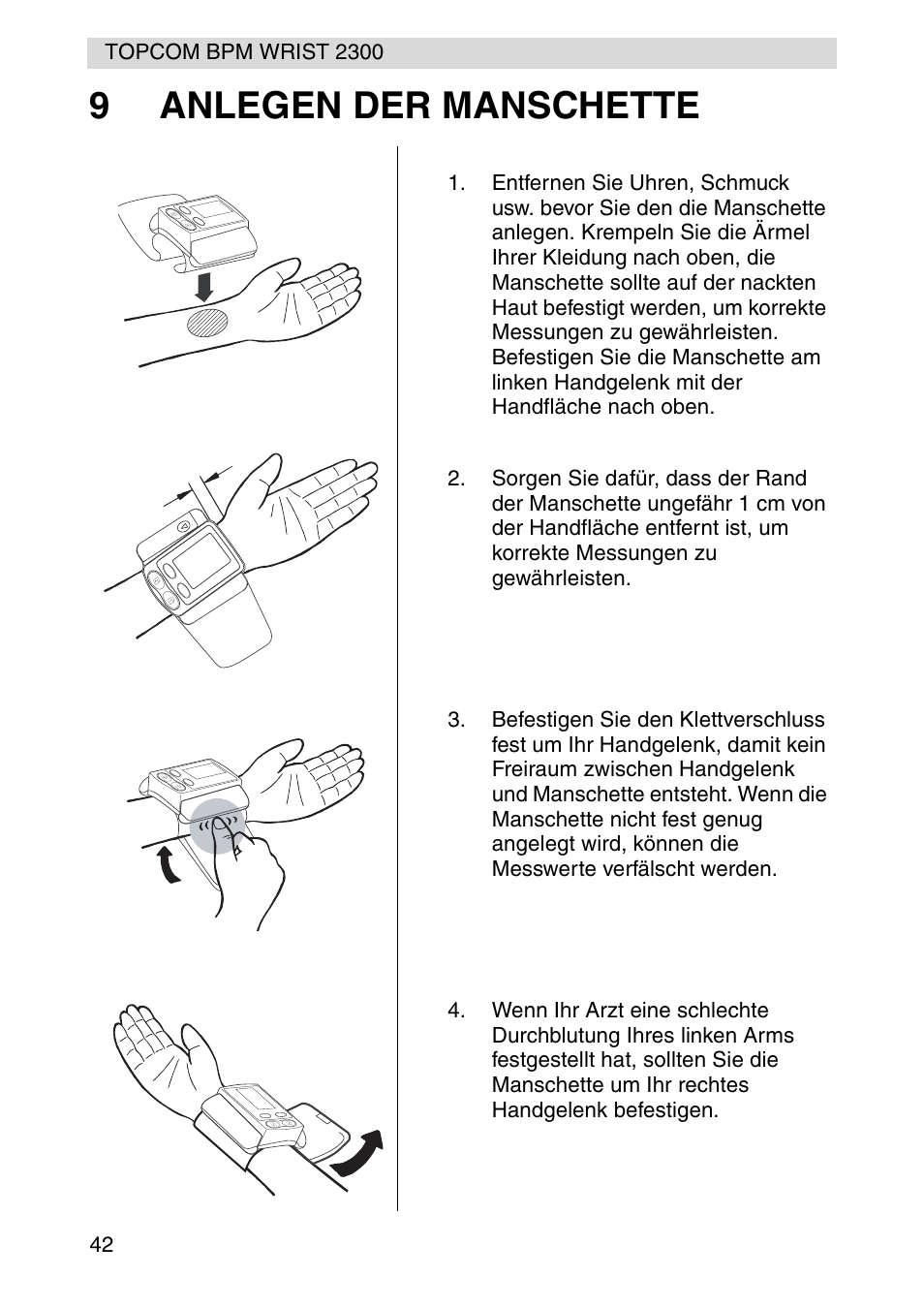 9anlegen der manschette | Topcom BPM WRIST 2300 User Manual | Page 42 / 92