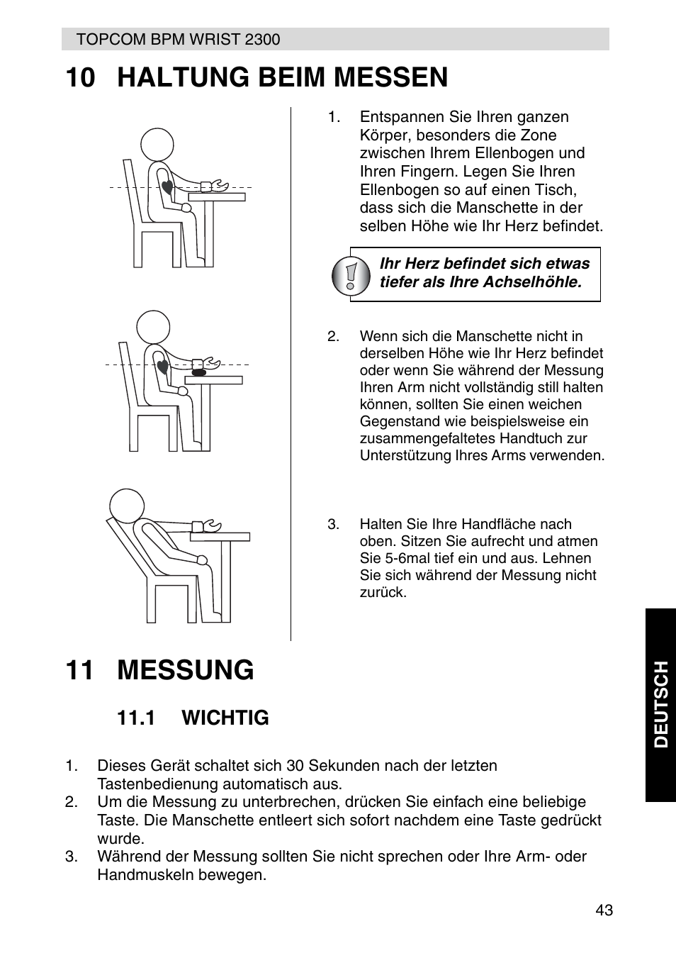 10 haltung beim messen 11 messung | Topcom BPM WRIST 2300 User Manual | Page 43 / 92