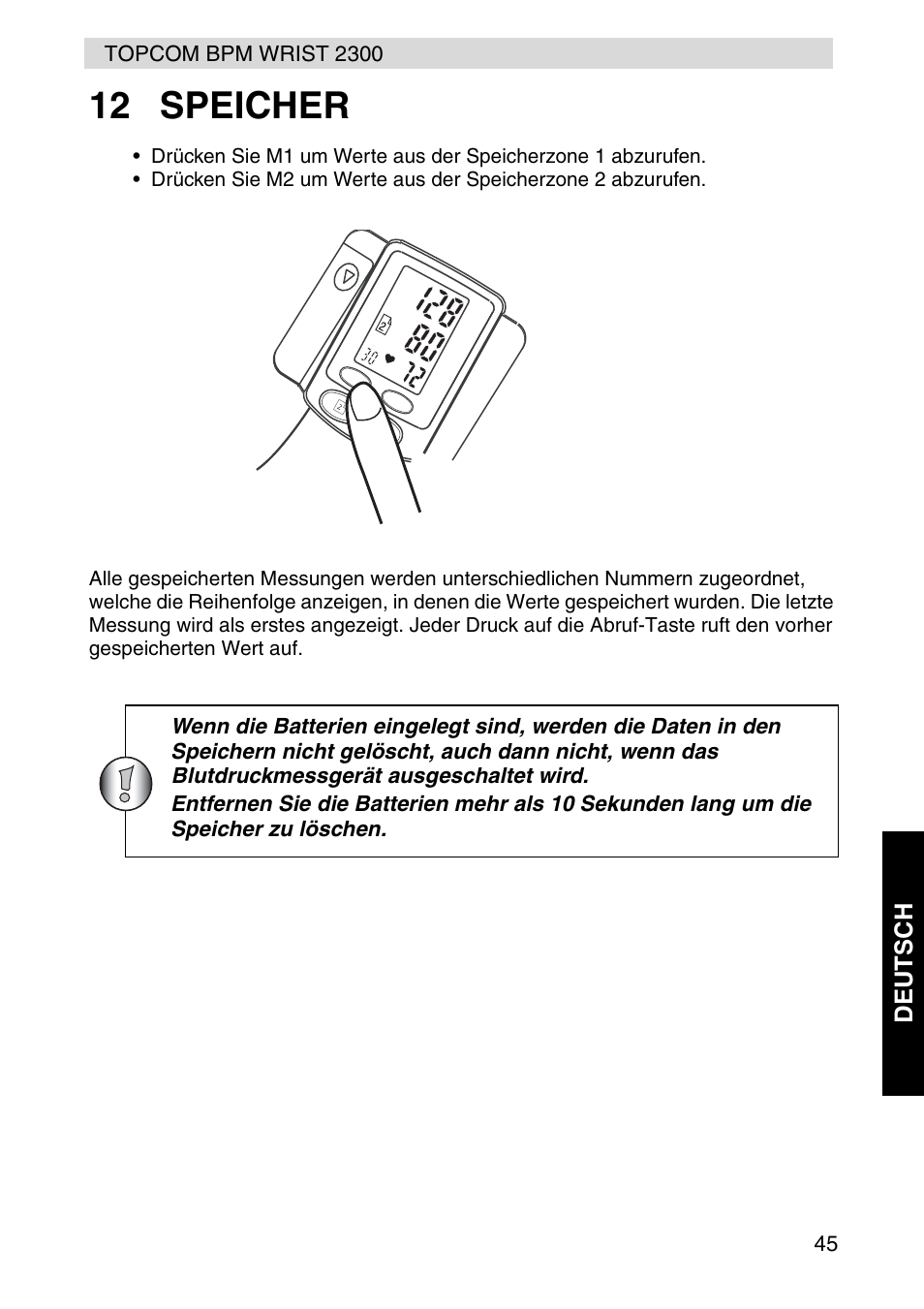 12 speicher, Deutsch | Topcom BPM WRIST 2300 User Manual | Page 45 / 92