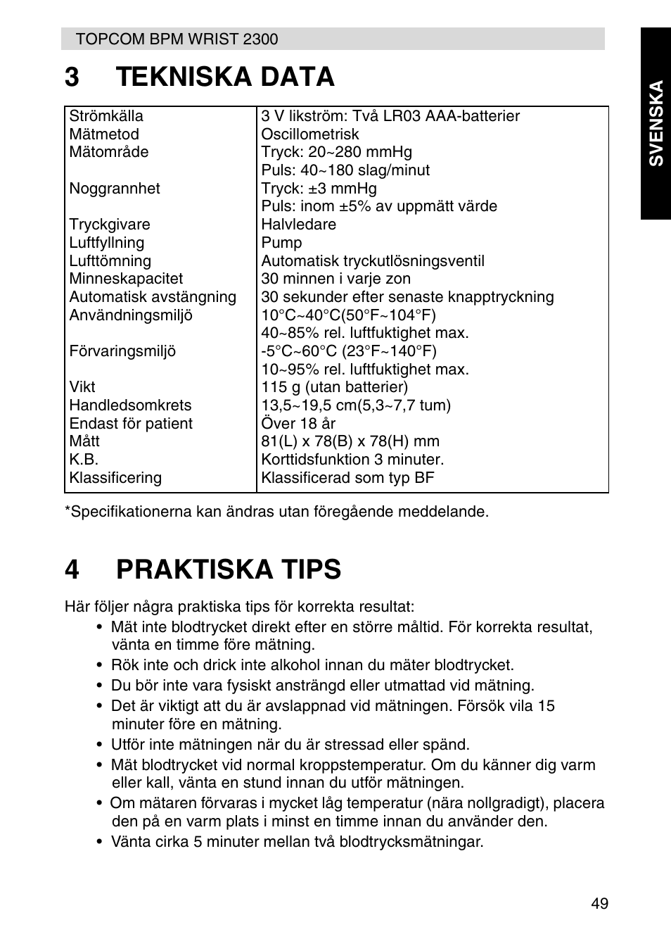 3tekniska data, 4praktiska tips | Topcom BPM WRIST 2300 User Manual | Page 49 / 92