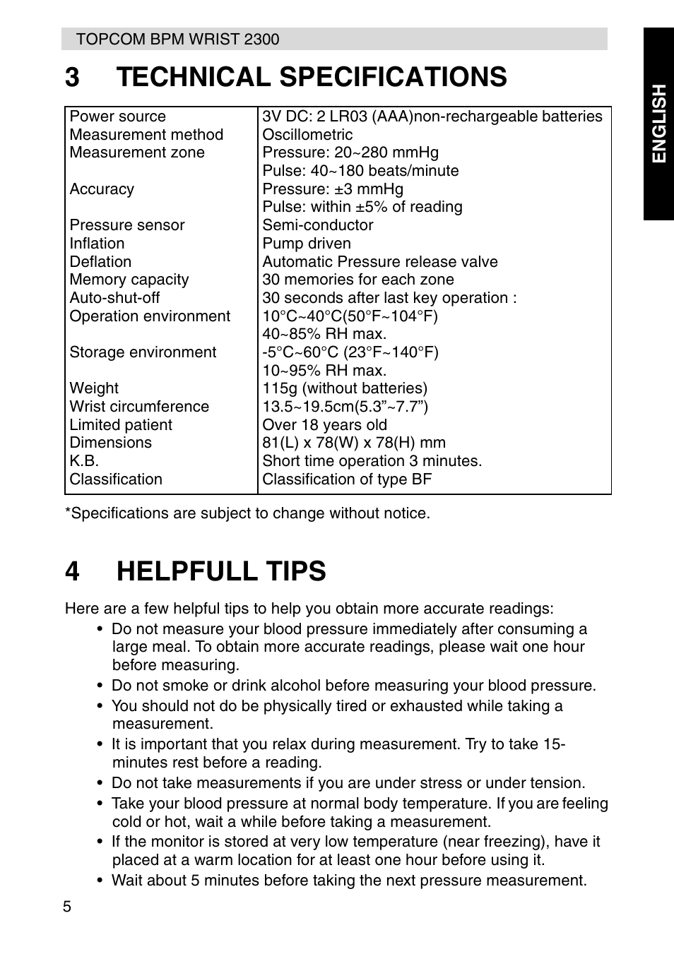 3technical specifications, 4helpfull tips | Topcom BPM WRIST 2300 User Manual | Page 5 / 92