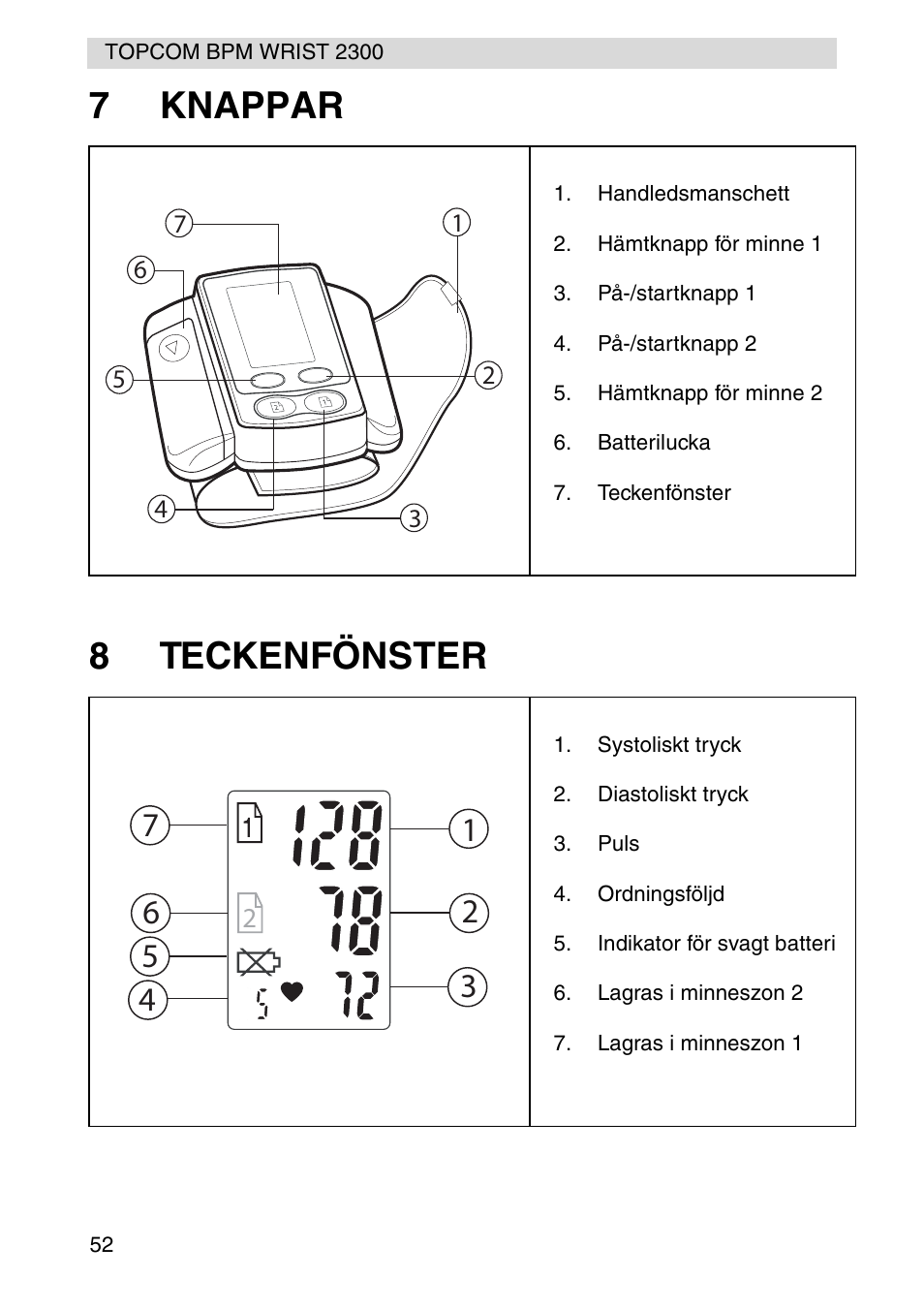 7knappar 8 teckenfönster | Topcom BPM WRIST 2300 User Manual | Page 52 / 92