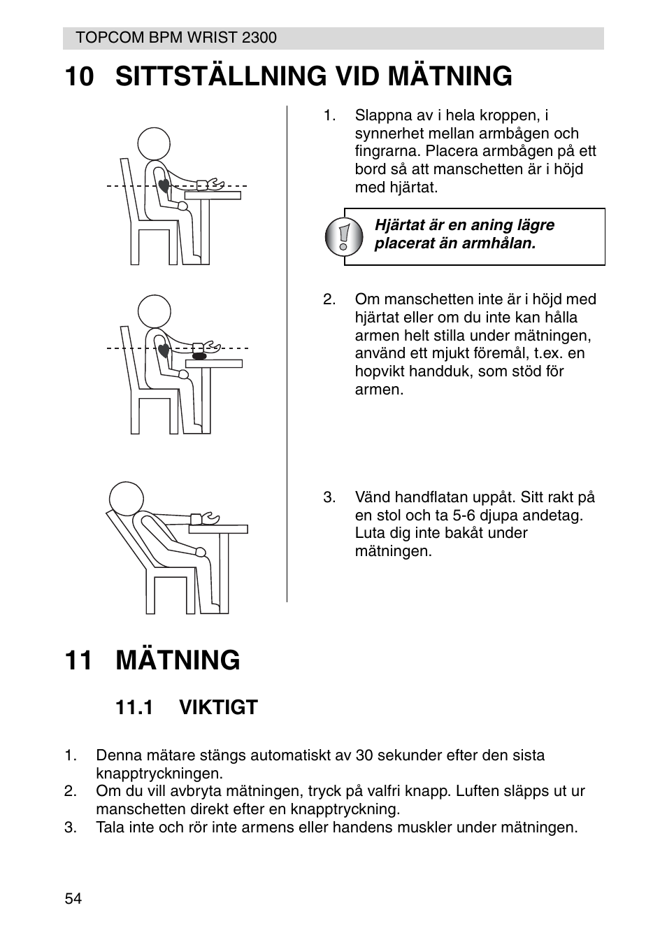 10 sittställning vid mätning 11 mätning | Topcom BPM WRIST 2300 User Manual | Page 54 / 92