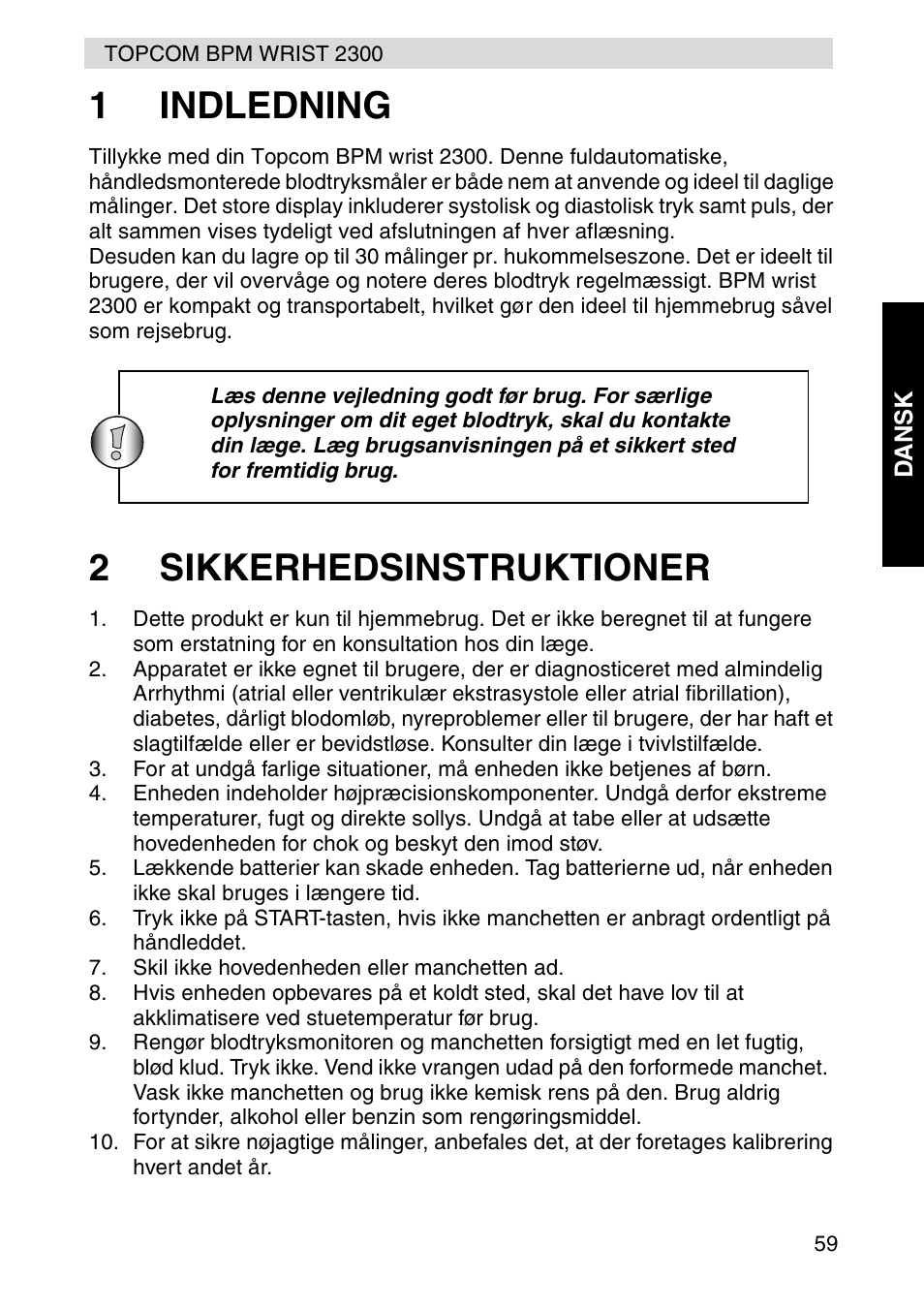 1indledning, 2sikkerhedsinstruktioner | Topcom BPM WRIST 2300 User Manual | Page 59 / 92