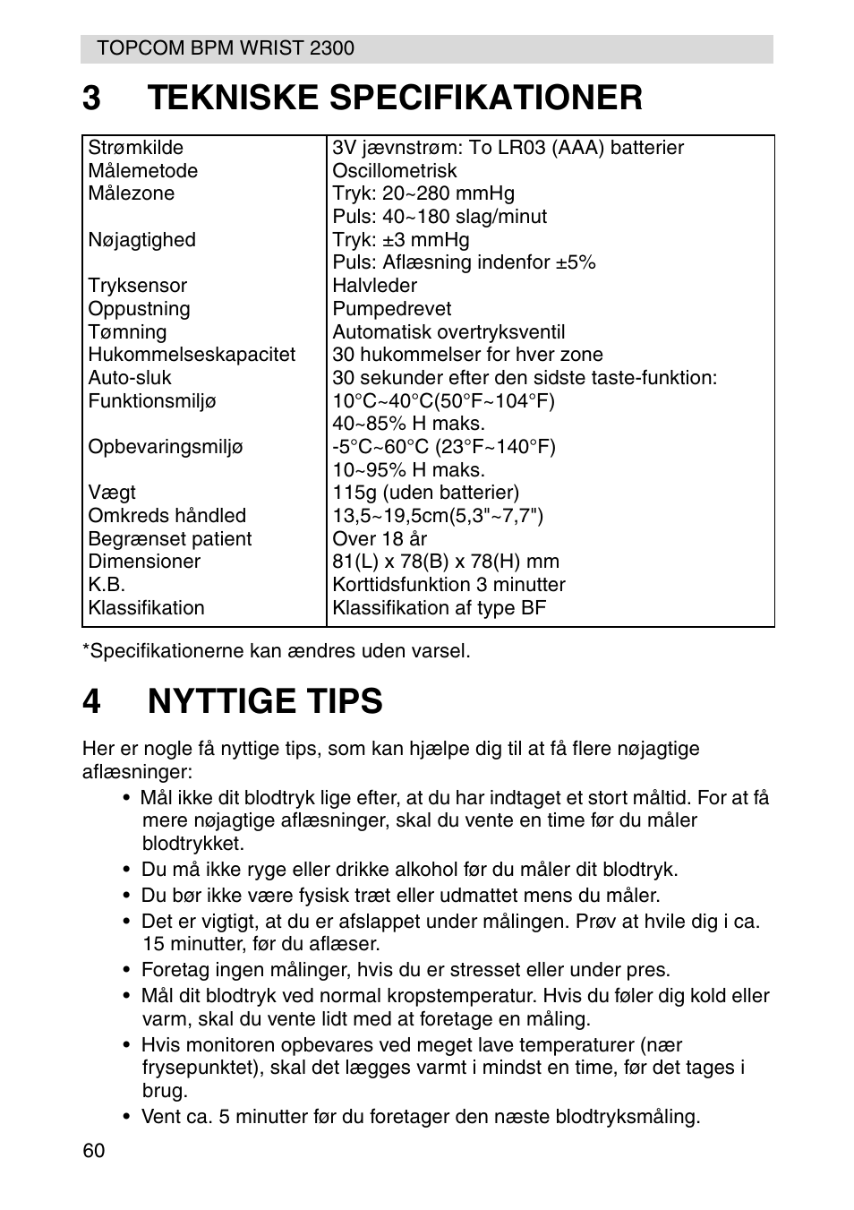 3tekniske specifikationer, 4nyttige tips | Topcom BPM WRIST 2300 User Manual | Page 60 / 92