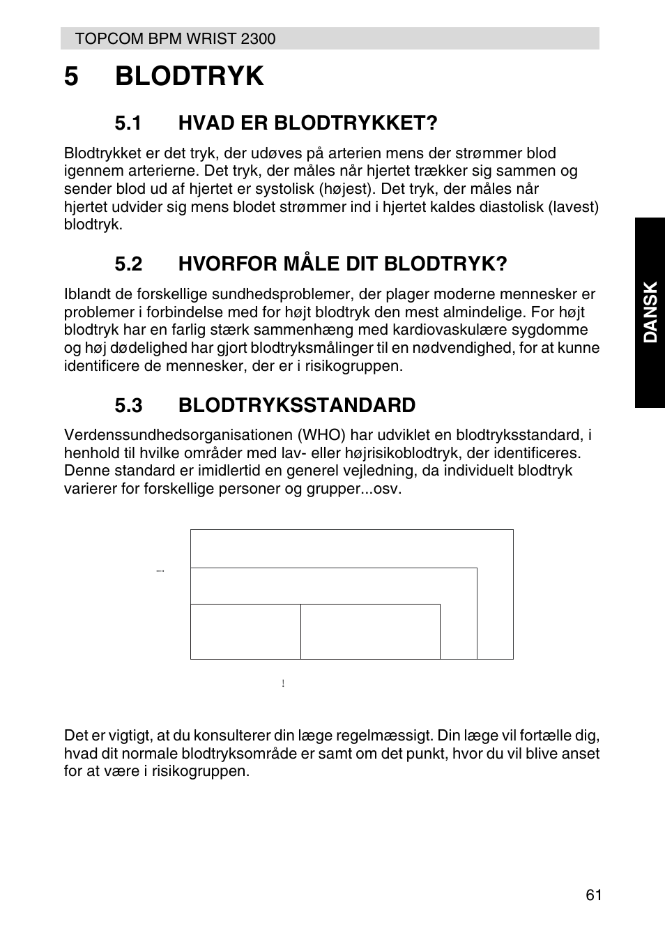 5blodtryk, 1 hvad er blodtrykket, 2 hvorfor måle dit blodtryk | 3 blodtryksstandard, Hypertension, Borderline, Normal, Hypotension | Topcom BPM WRIST 2300 User Manual | Page 61 / 92