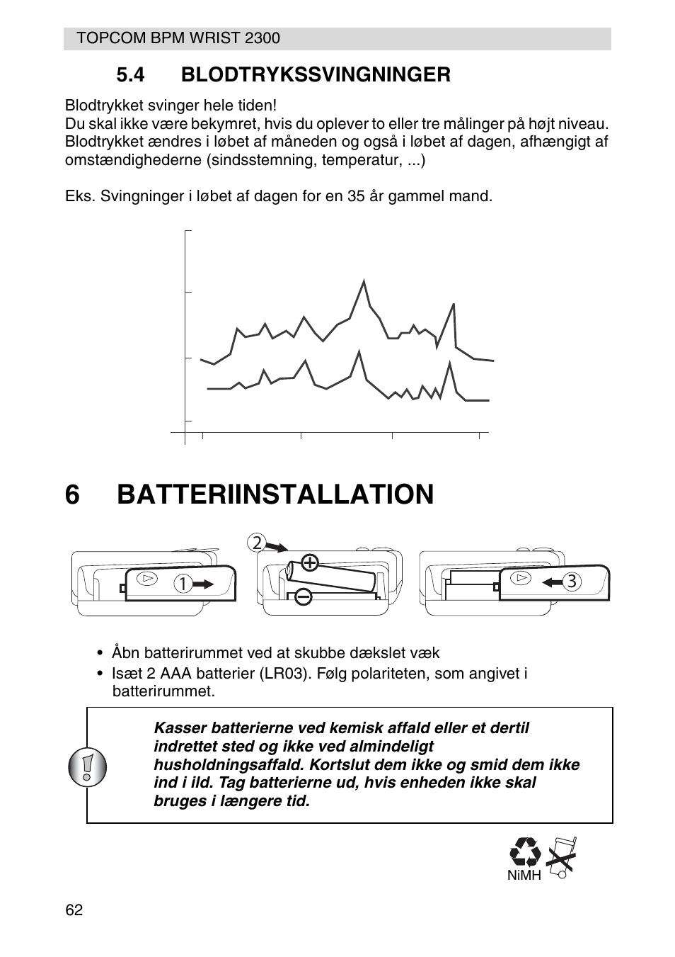 6batteriinstallation, 4 blodtrykssvingninger | Topcom BPM WRIST 2300 User Manual | Page 62 / 92