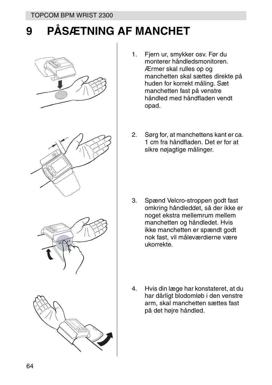 9påsætning af manchet | Topcom BPM WRIST 2300 User Manual | Page 64 / 92