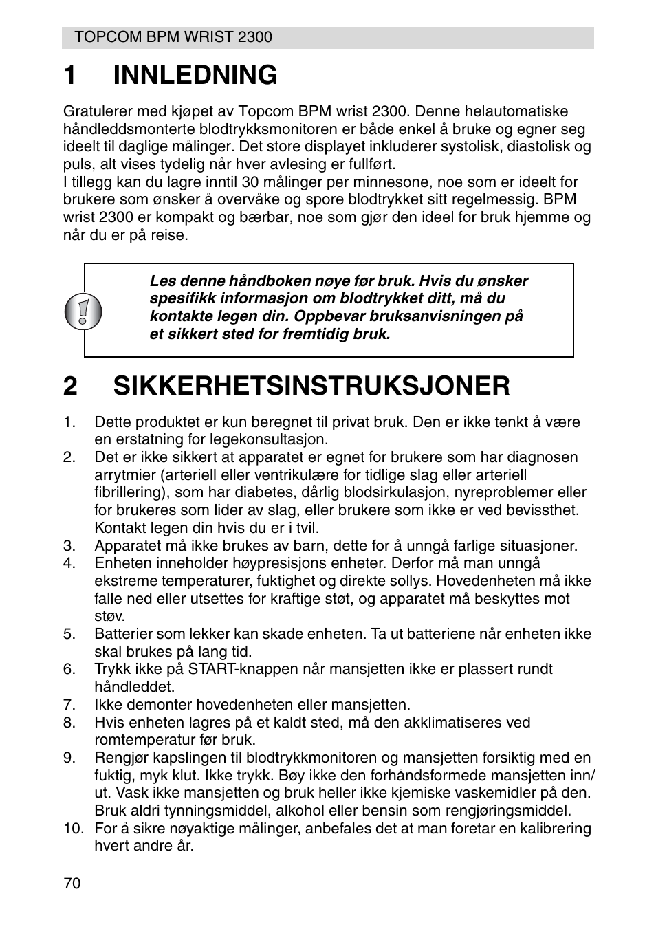 1innledning, 2sikkerhetsinstruksjoner | Topcom BPM WRIST 2300 User Manual | Page 70 / 92