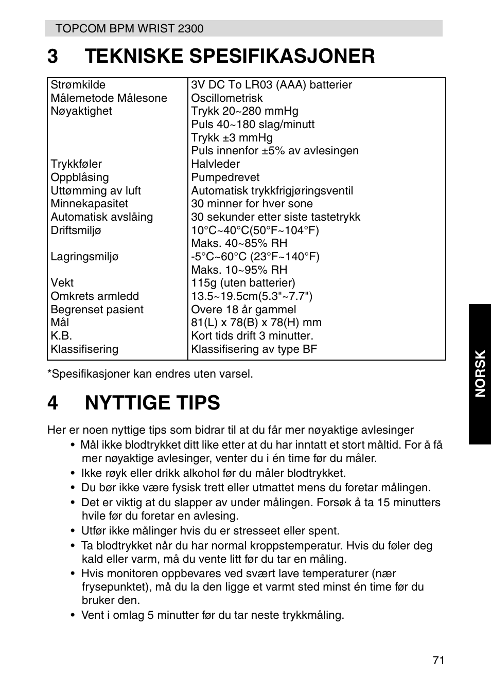 3tekniske spesifikasjoner, 4nyttige tips | Topcom BPM WRIST 2300 User Manual | Page 71 / 92