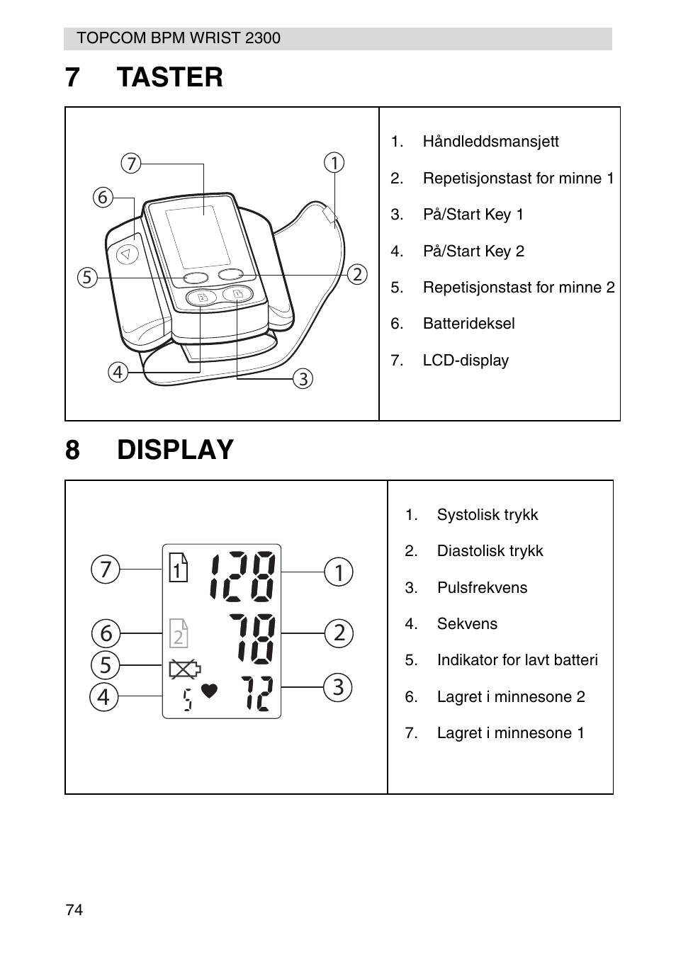 7taster 8 display | Topcom BPM WRIST 2300 User Manual | Page 74 / 92