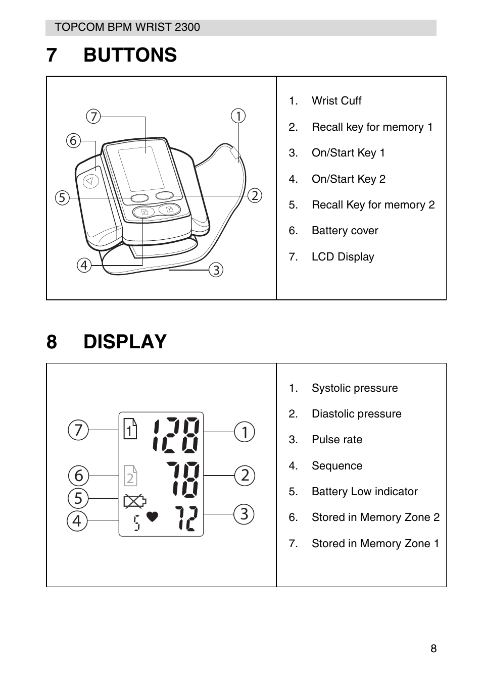 7buttons 8 display | Topcom BPM WRIST 2300 User Manual | Page 8 / 92