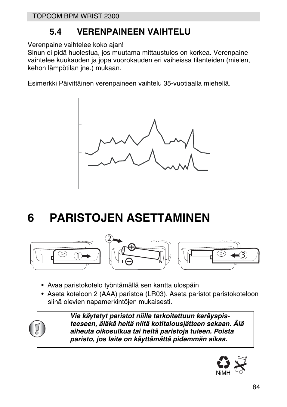 6paristojen asettaminen, 4 verenpaineen vaihtelu | Topcom BPM WRIST 2300 User Manual | Page 84 / 92