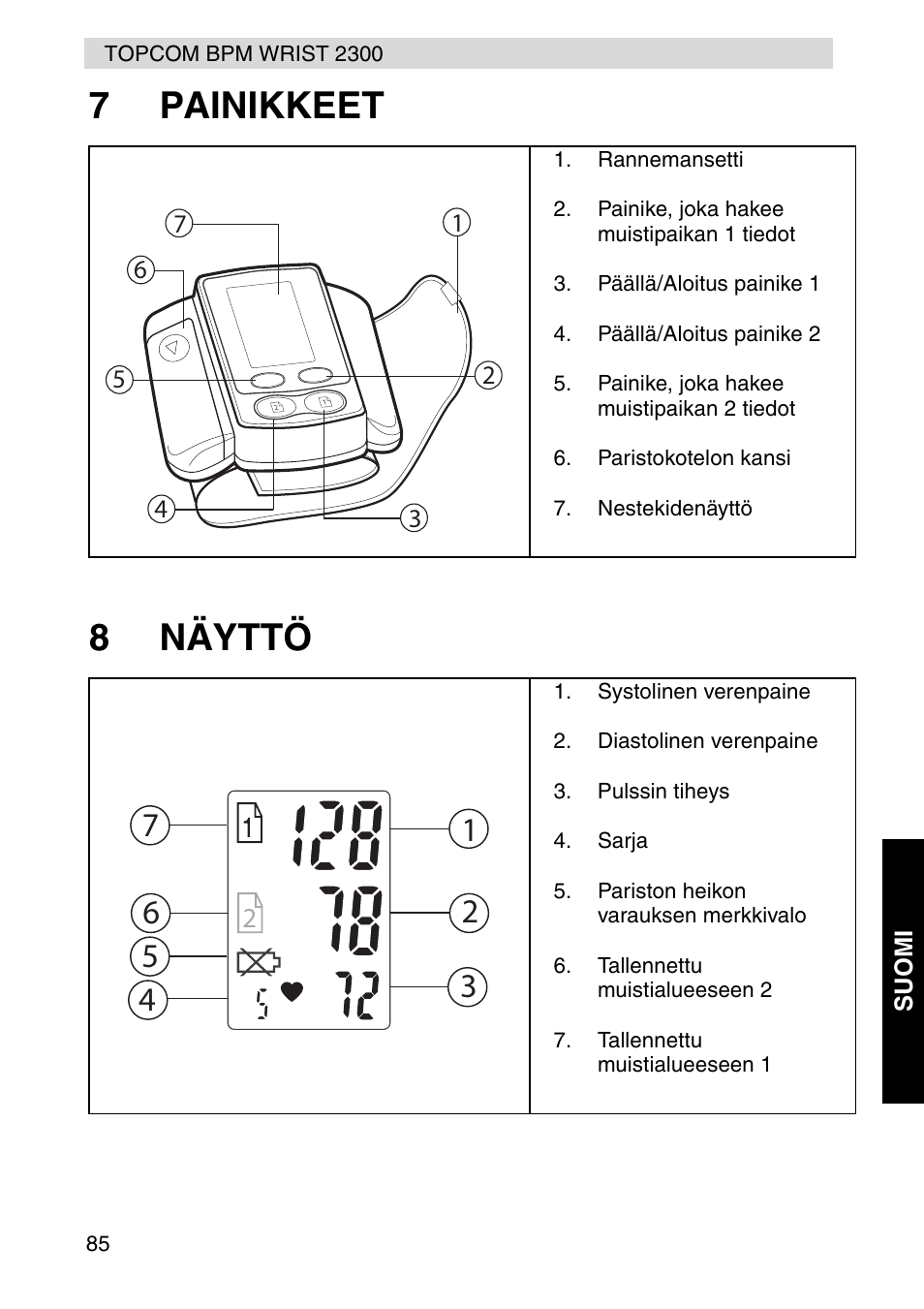 7painikkeet 8 näyttö | Topcom BPM WRIST 2300 User Manual | Page 85 / 92