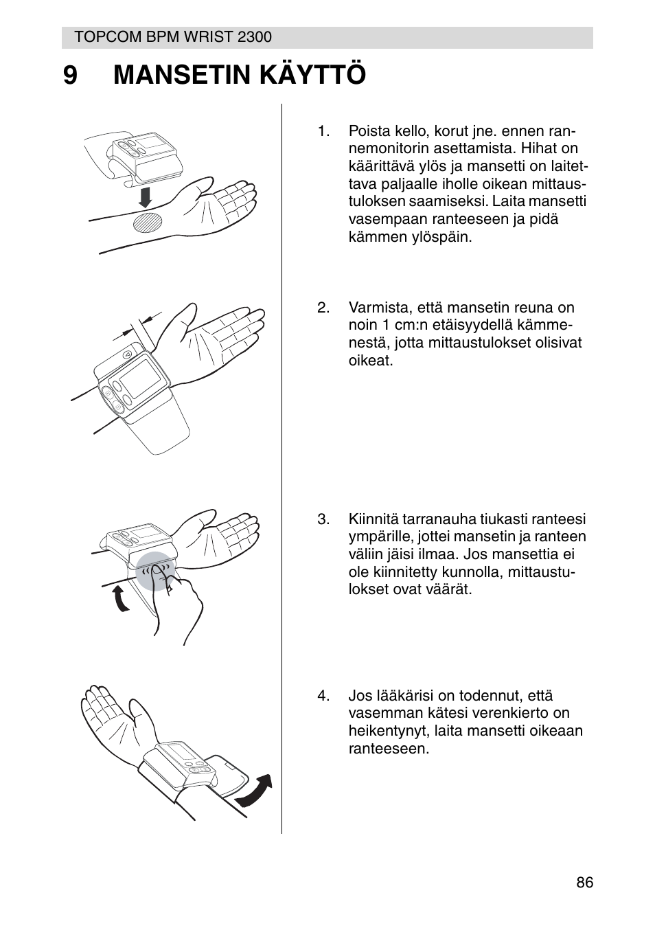 9mansetin käyttö | Topcom BPM WRIST 2300 User Manual | Page 86 / 92