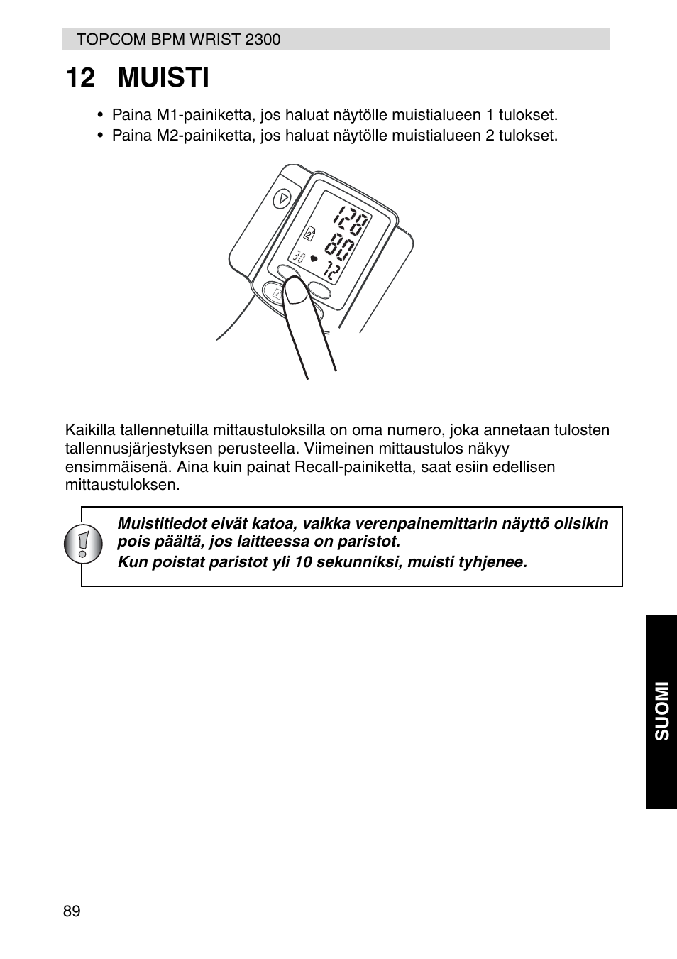 12 muisti, Su om i | Topcom BPM WRIST 2300 User Manual | Page 89 / 92