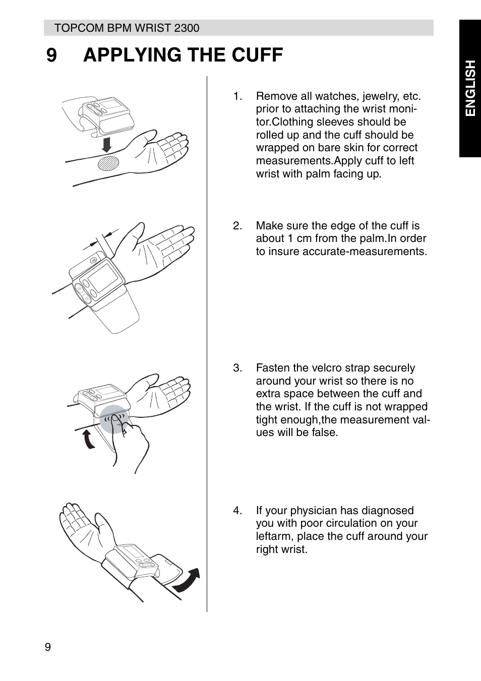 9applying the cuff, English | Topcom BPM WRIST 2300 User Manual | Page 9 / 92