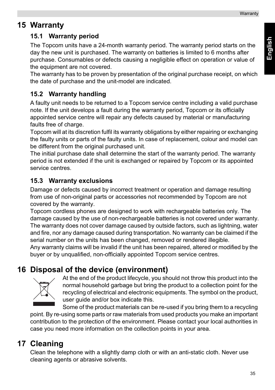 15 warranty, 16 disposal of the device (environment), 17 cleaning | Topcom ORBIT User Manual | Page 35 / 40