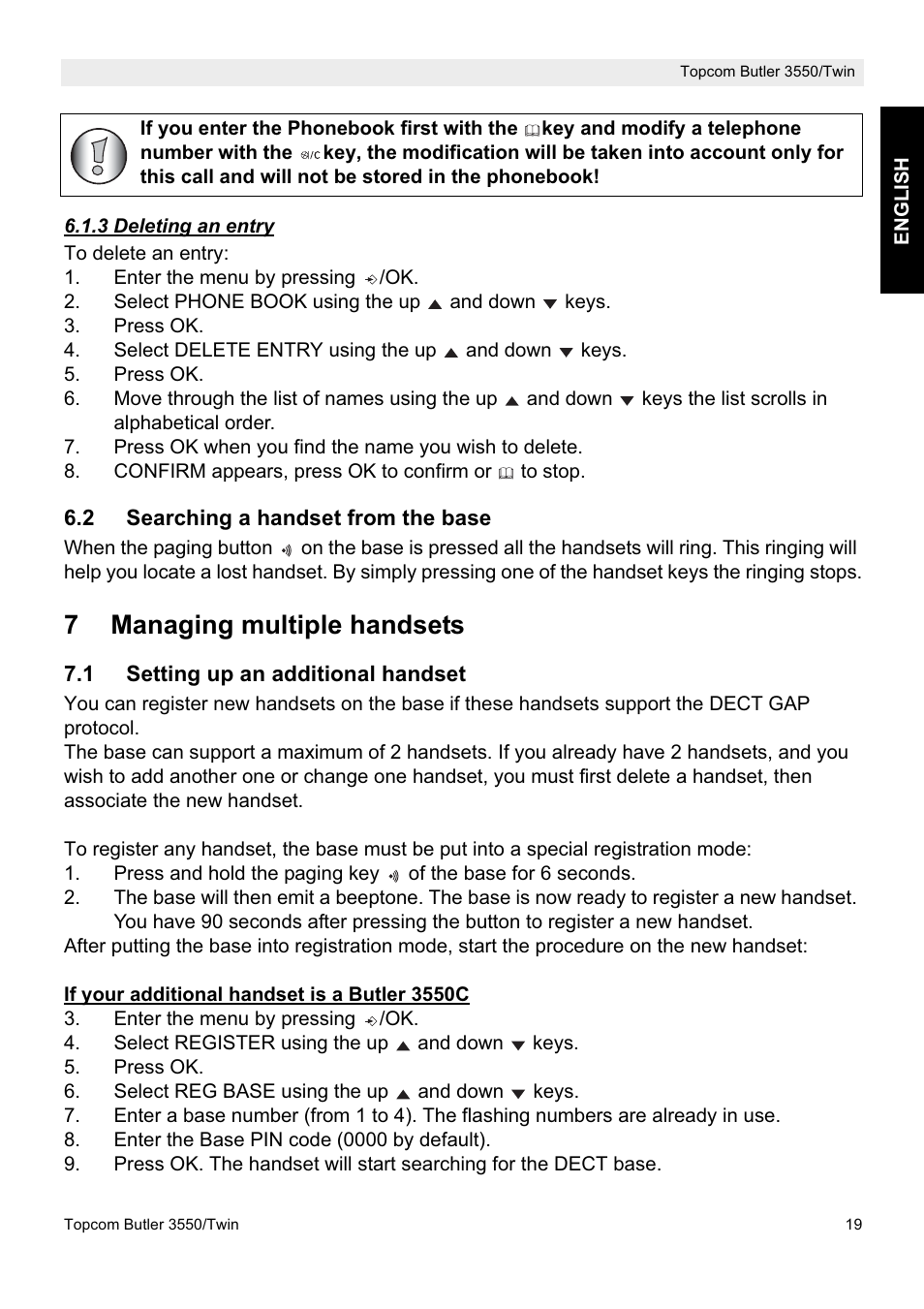 7managing multiple handsets | Topcom Butler 3550/Twin User Manual | Page 19 / 32