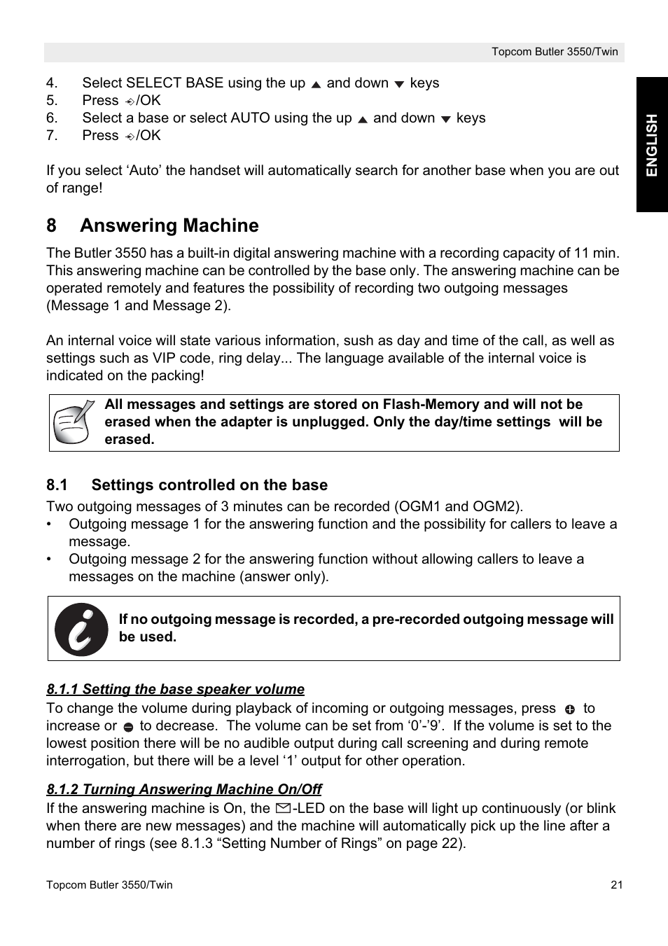 8answering machine | Topcom Butler 3550/Twin User Manual | Page 21 / 32