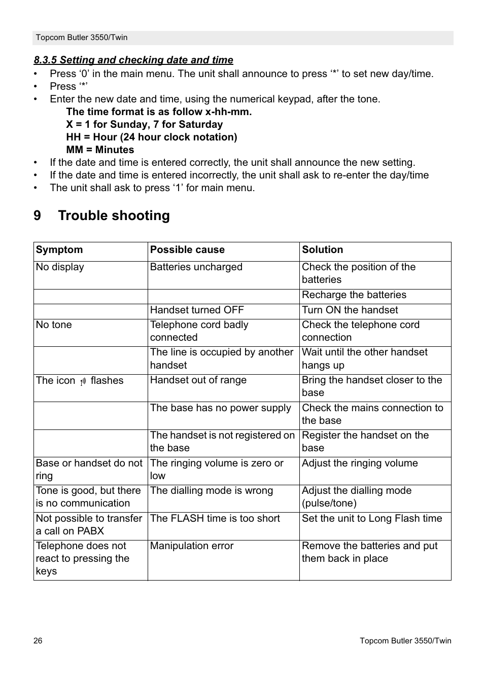9trouble shooting | Topcom Butler 3550/Twin User Manual | Page 26 / 32
