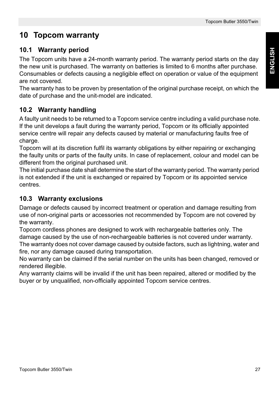 10 topcom warranty | Topcom Butler 3550/Twin User Manual | Page 27 / 32