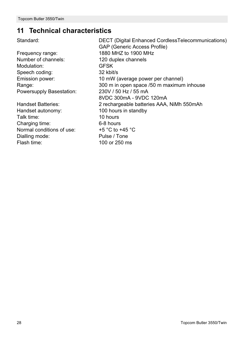 11 technical characteristics | Topcom Butler 3550/Twin User Manual | Page 28 / 32