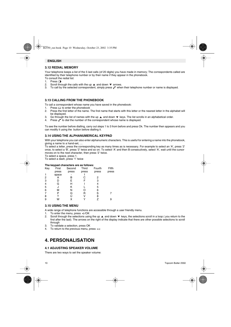 Personalisation | Topcom BUTLER 2550 User Manual | Page 10 / 92