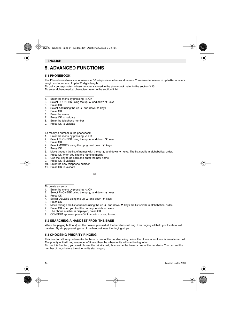 Advanced functions | Topcom BUTLER 2550 User Manual | Page 14 / 92