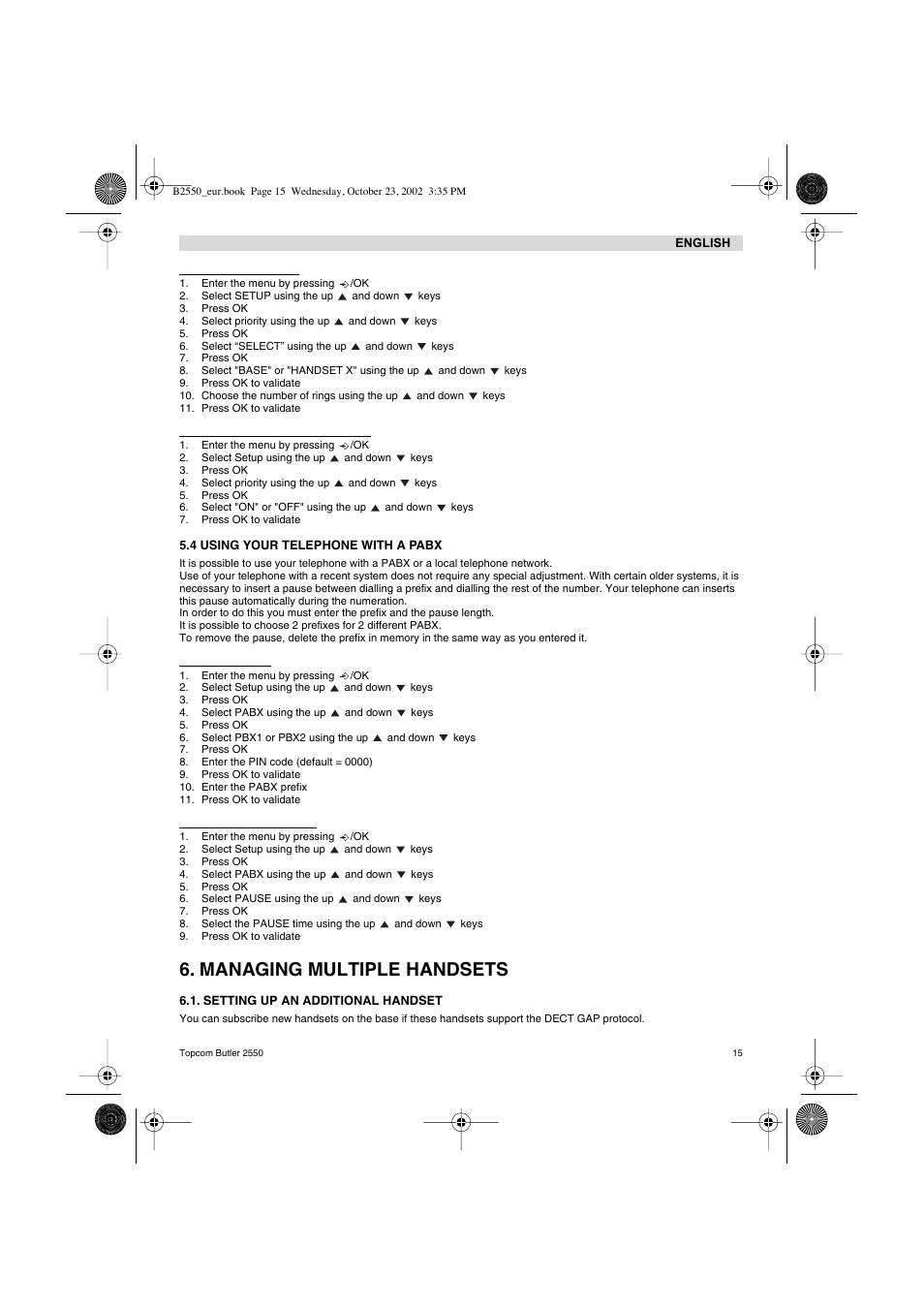 Managing multiple handsets | Topcom BUTLER 2550 User Manual | Page 15 / 92
