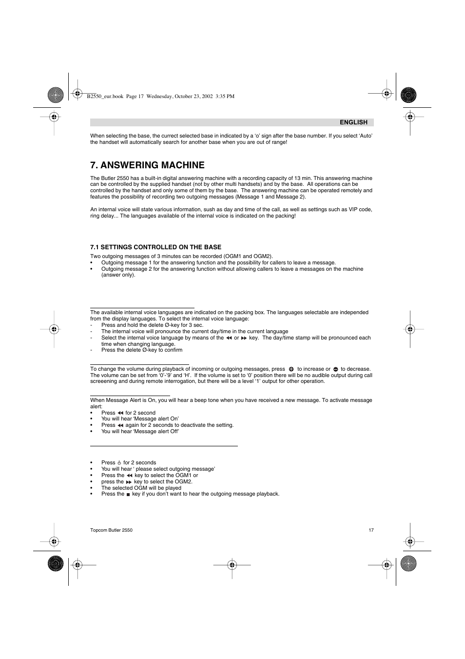 Answering machine | Topcom BUTLER 2550 User Manual | Page 17 / 92