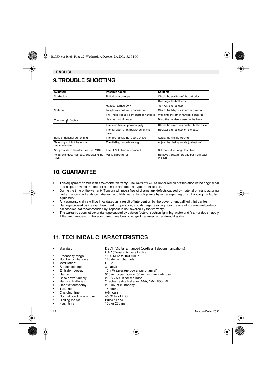 Trouble shooting 10. guarantee, Technical characteristics | Topcom BUTLER 2550 User Manual | Page 22 / 92