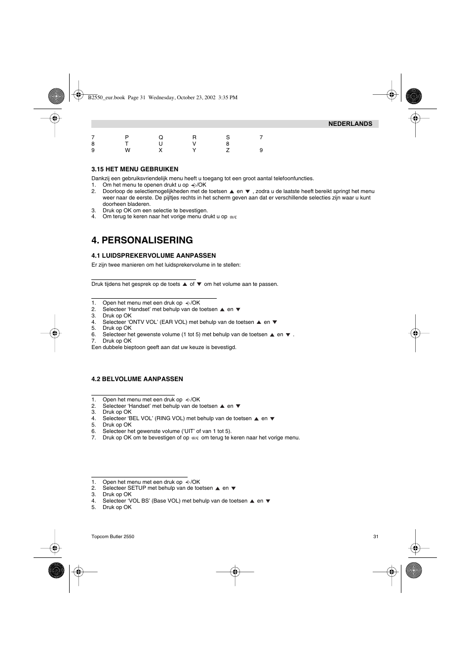Personalisering | Topcom BUTLER 2550 User Manual | Page 31 / 92