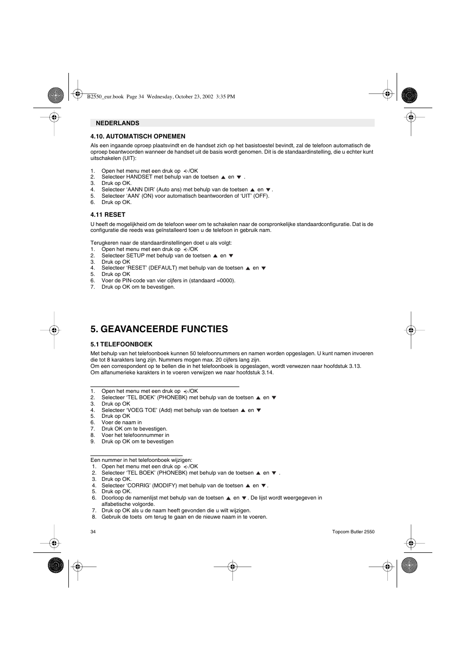 Geavanceerde functies | Topcom BUTLER 2550 User Manual | Page 34 / 92