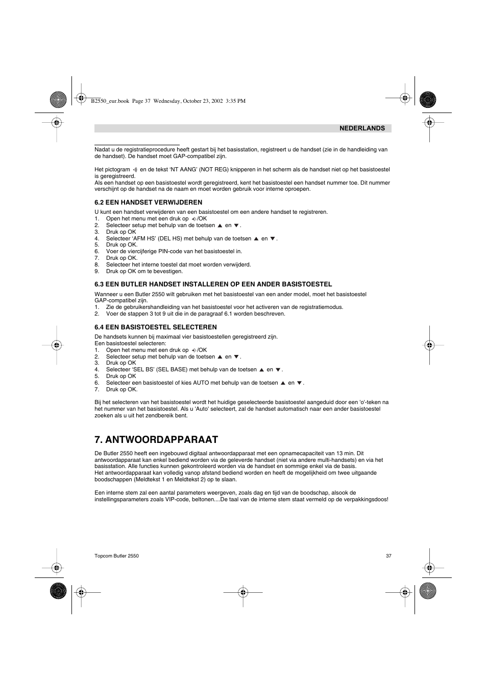 Antwoordapparaat | Topcom BUTLER 2550 User Manual | Page 37 / 92