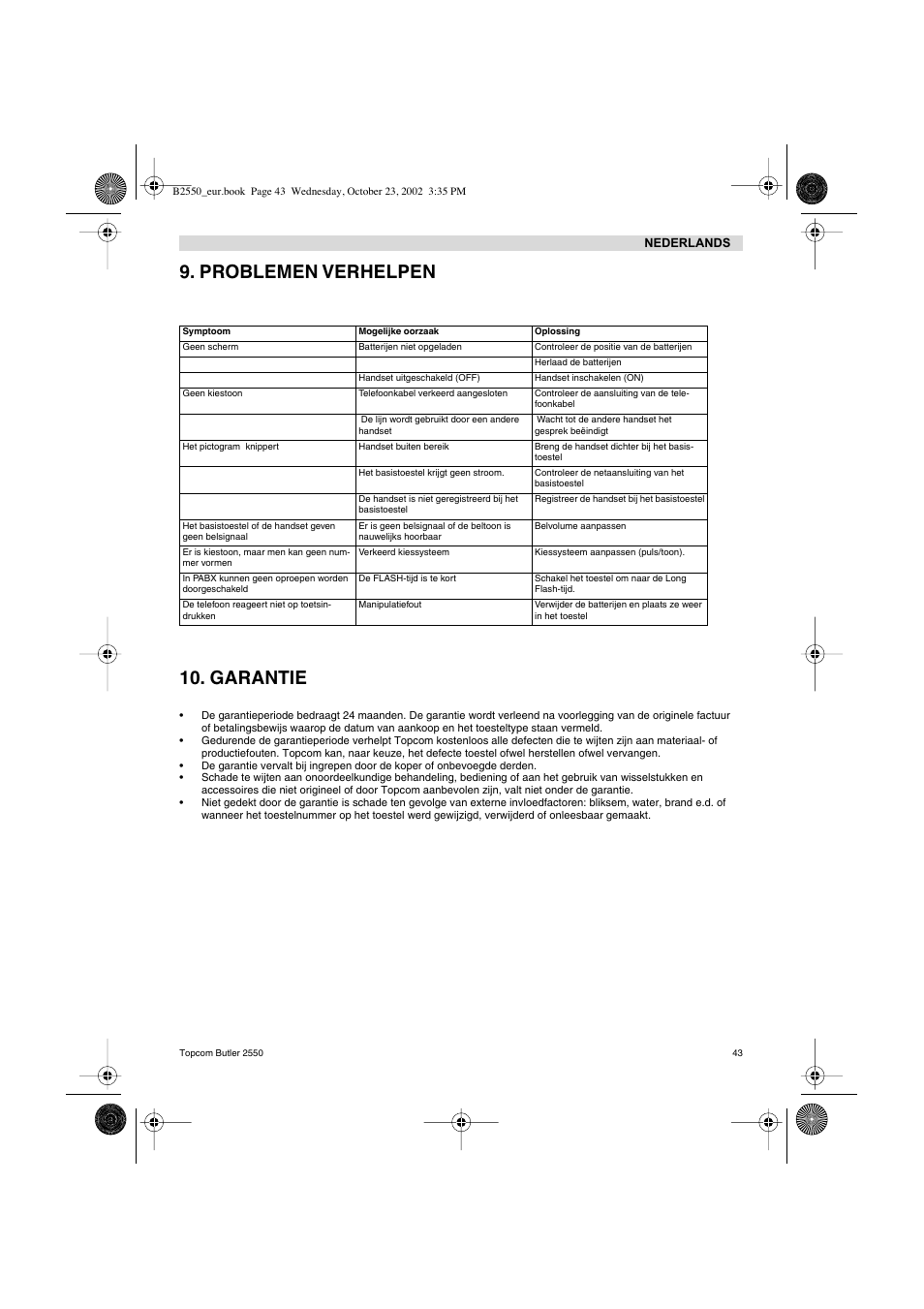 Problemen verhelpen 10. garantie | Topcom BUTLER 2550 User Manual | Page 43 / 92