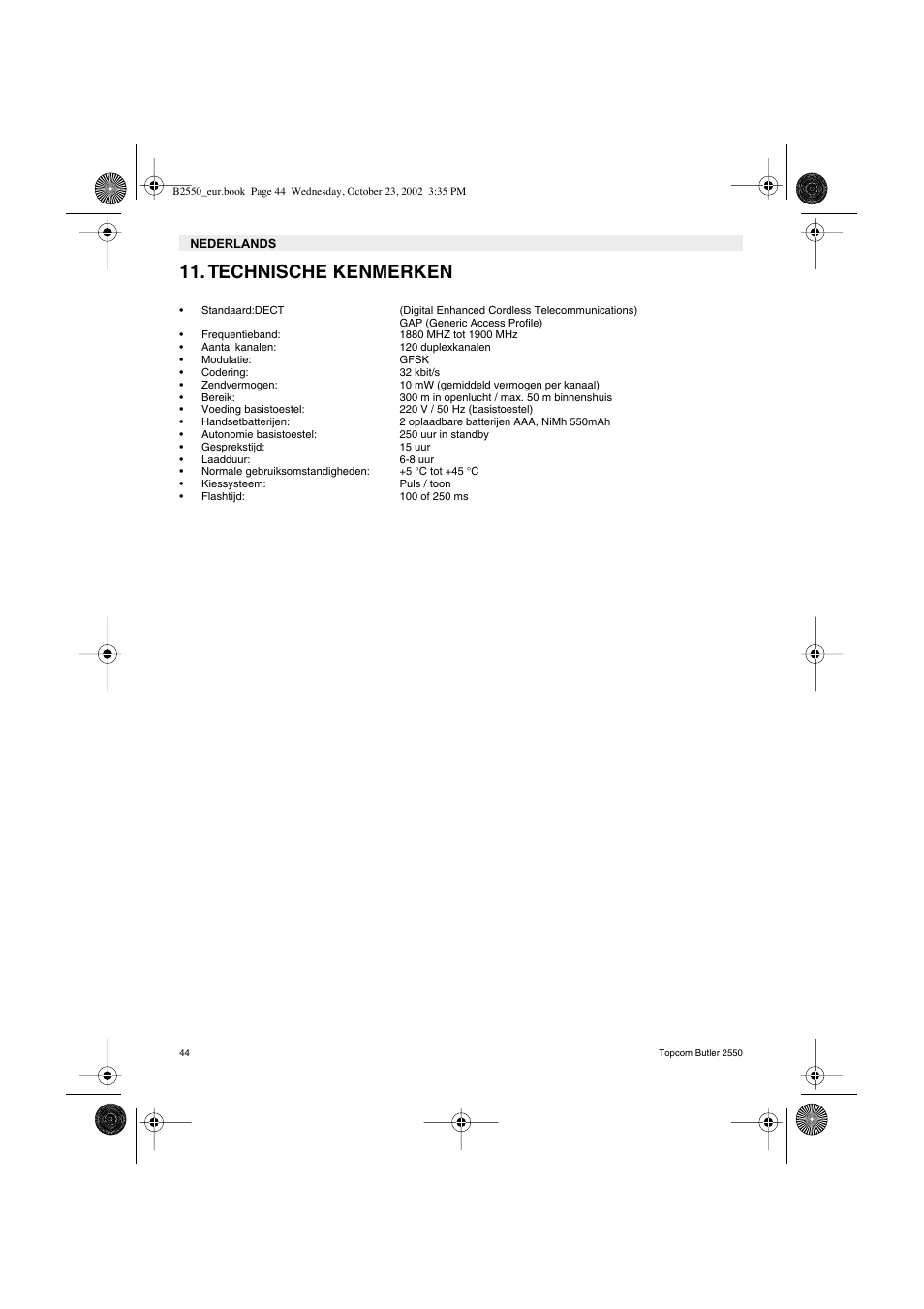 Technische kenmerken | Topcom BUTLER 2550 User Manual | Page 44 / 92